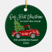 初めてのクリスマス新しいホームトラックグリーンフォト セラミックオーナメント (正面)