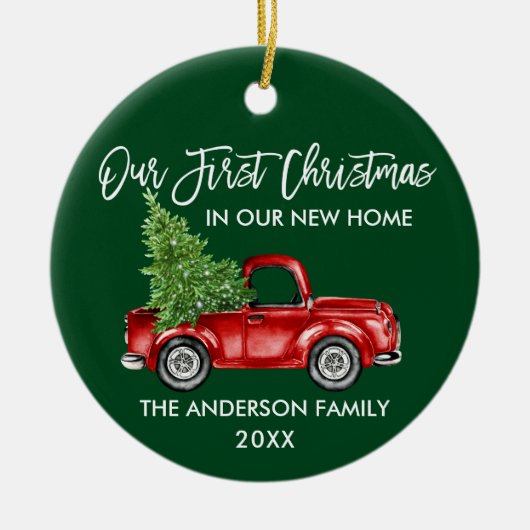 初めてのクリスマス新しいホームトラックグリーンフォト セラミックオーナメント (正面)