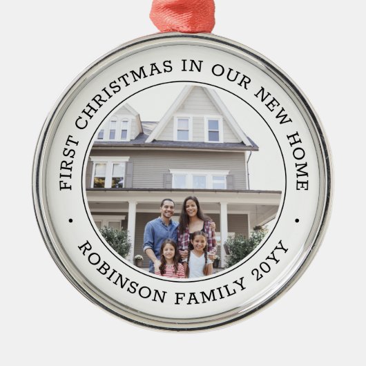 初めてのクリスマス新しいホームフォトモダン白黒 メタルオーナメント (正面)