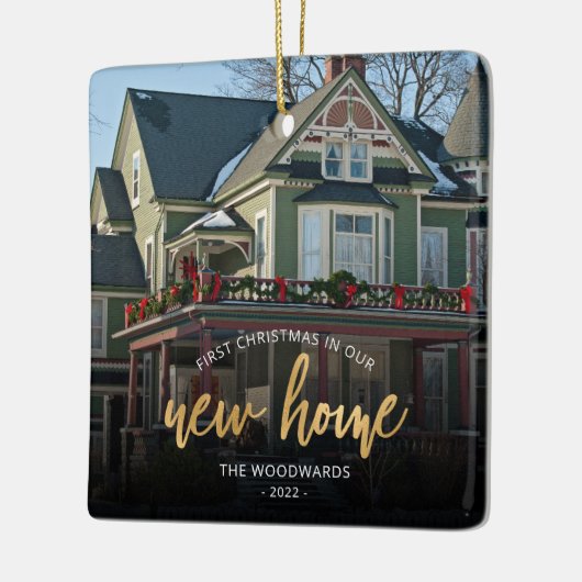 初めてのクリスマス新しいホーム金ゴールドスクリプトフォトスクエア セラミックオーナメント (左)