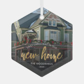 初めてのクリスマス新しいホーム金ゴールドスクリプトフォト ガラスオーナメント (正面)