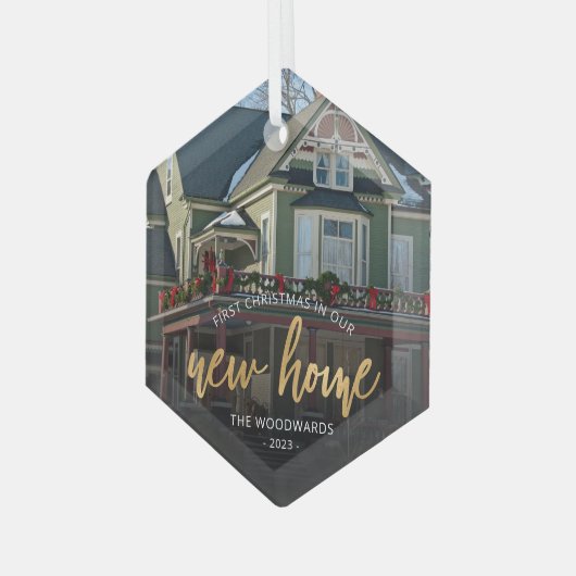 初めてのクリスマス新しいホーム金ゴールドスクリプトフォト ガラスオーナメント (正面左)