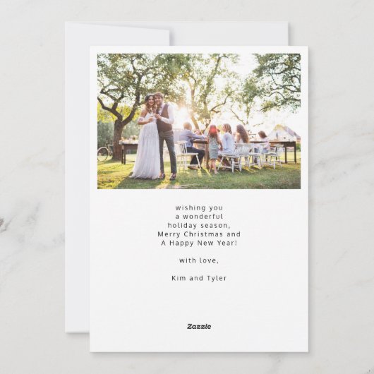 初めてのクリスマス新婚アーチ写真の雪片 シーズンカード (裏面)