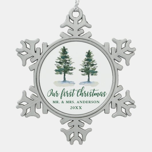 初めてのクリスマス書道水彩二松 スノーフレークピューターオーナメント (正面)