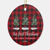 初めてのクリスマス書道水色パインズプレイド セラミックオーナメント (左)