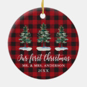 初めてのクリスマス書道水色パインズプレイド セラミックオーナメント (裏面)