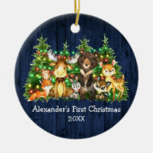 初めてのクリスマス森林動物ライトブルー写真 セラミックオーナメント (正面)