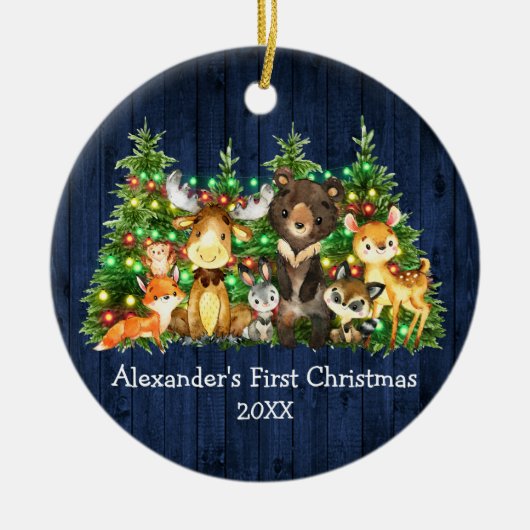初めてのクリスマス森林動物ライトブルー写真 セラミックオーナメント (正面)