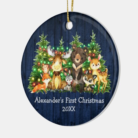 初めてのクリスマス森林動物ライトブルー写真 セラミックオーナメント (左)