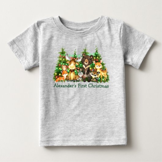 初めてのクリスマス森林動物灯 ベビーTシャツ (正面)