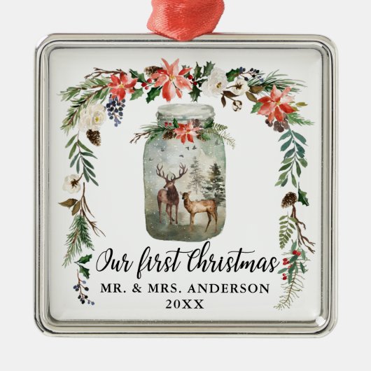 初めてのクリスマス水彩冬のフローラ鹿 メタルオーナメント (正面)