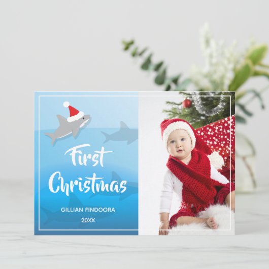 初めてのクリスマス海とシャークフォトホリデーカード シーズンカード (スタンド正面)
