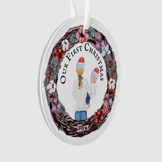 初めてのクリスマス独身のマザーサンタハットPHOTO オーナメント (正面)