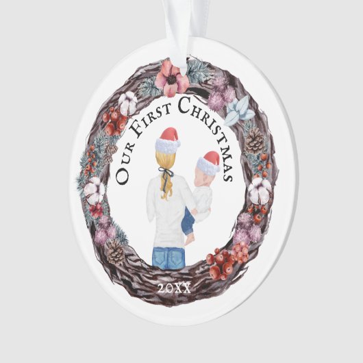 初めてのクリスマス独身のマザーサンタハットPHOTO オーナメント (正面)