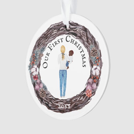 初めてのクリスマス独身の金髪のお母さんベビー写真 オーナメント (正面)