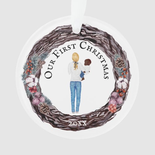 初めてのクリスマス独身の金髪のお母さんベビー写真 オーナメント (正面)