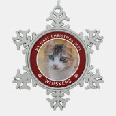 初めてのクリスマス猫写真名Pawプリントカスタム スノーフレークピューターオーナメント (正面)