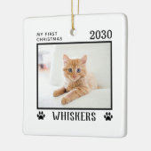 初めてのクリスマス猫写真名Pawプリントカスタム セラミックオーナメント (左)