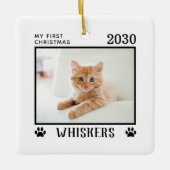 初めてのクリスマス猫写真名Pawプリントカスタム セラミックオーナメント (正面)