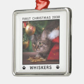 初めてのクリスマス猫写真名Pawプリントカスタム メタルオーナメント (左)