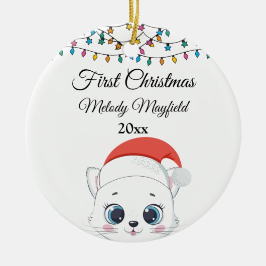 初めてのクリスマス男の赤ちゃんガールキュートキャット2023 セラミックオーナメント (正面)