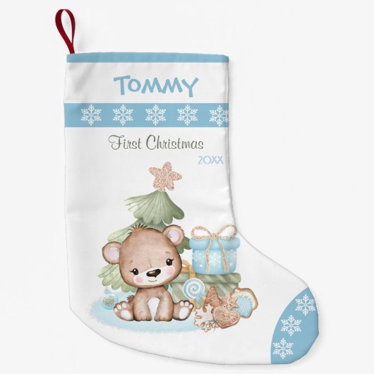 初めてのクリスマス男の赤ちゃんクリスマスストッキングブルー スモールクリスマスストッキング (正面)