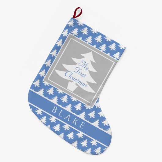 初めてのクリスマス男の赤ちゃんパステルブルーパーソナライズされた ラージクリスマスストッキング (正面 (吊り時))