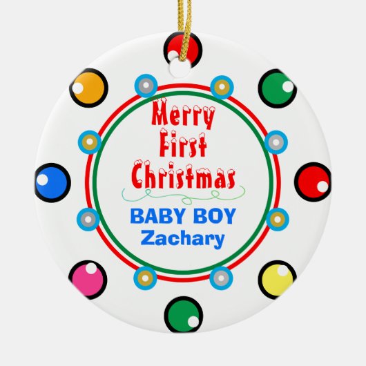 初めてのクリスマス男の赤ちゃんレッドグリーンブルー セラミックオーナメント (正面)
