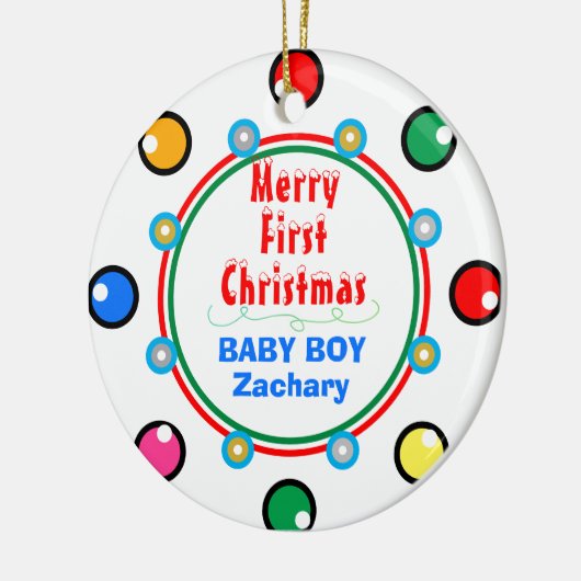 初めてのクリスマス男の赤ちゃんレッドグリーンブルー セラミックオーナメント (左)