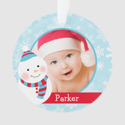 初めてのクリスマス男の赤ちゃん雪だるまカスタム写真 オーナメント (正面)