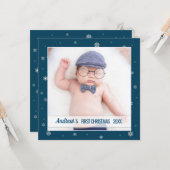 初めてのクリスマス男の赤ちゃん青雪片 カード (正面/裏面インサイチュ)