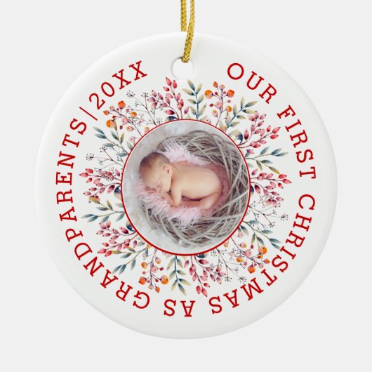 初めてのクリスマス祖父母のフレーム写真 セラミックオーナメント (正面)