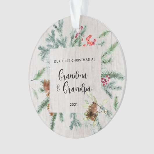 初めてのクリスマス祖父母の冬の緑の写真 オーナメント (正面)