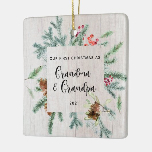 初めてのクリスマス祖父母の冬の緑の写真 セラミックオーナメント (左)