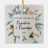 初めてのクリスマス祖父母の冬の緑の写真 セラミックオーナメント (正面)