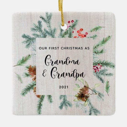 初めてのクリスマス祖父母の冬の緑の写真 セラミックオーナメント (正面)
