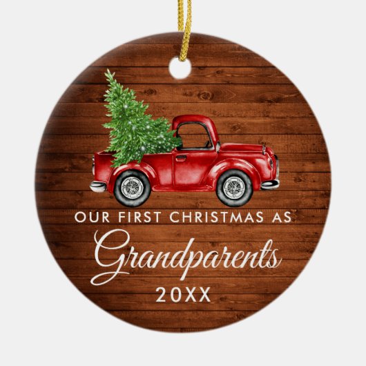 初めてのクリスマス祖父母ウッドトラックフォトバック セラミックオーナメント (正面)