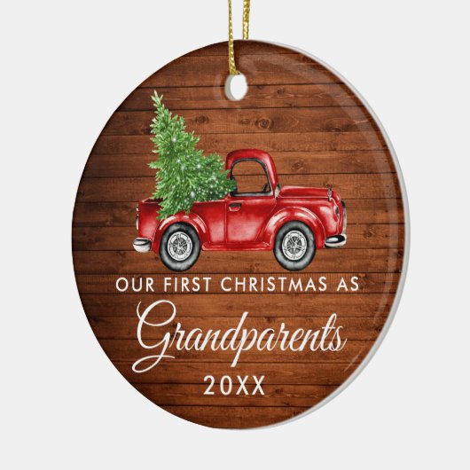 初めてのクリスマス祖父母ウッドトラックフォトバック セラミックオーナメント (左)