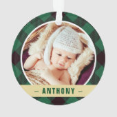 初めてのクリスマス祖父母グリーンタータンチェック写真 オーナメント (裏面)