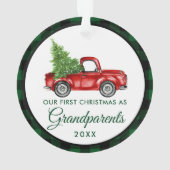 初めてのクリスマス祖父母トラックグリーンプレイド オーナメント (裏面)