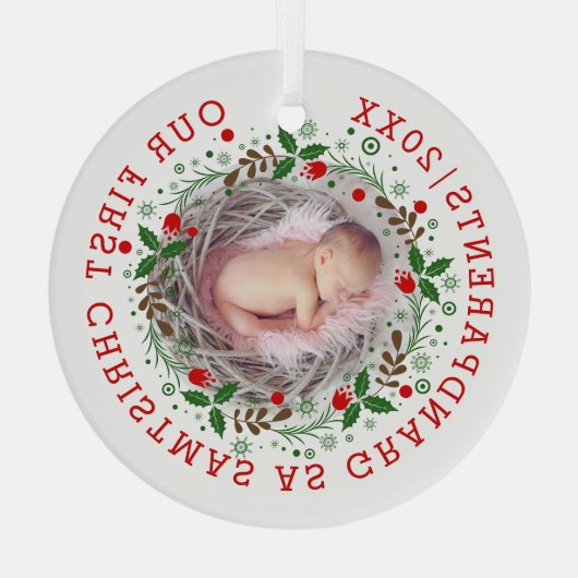 初めてのクリスマス祖父母リース写真 ガラスオーナメント (裏面)