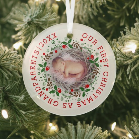 初めてのクリスマス祖父母リース写真 ガラスオーナメント (インサイチュ)