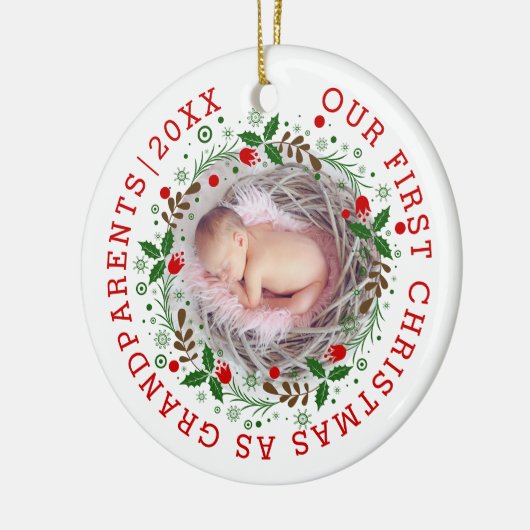 初めてのクリスマス祖父母リース写真 セラミックオーナメント (左)