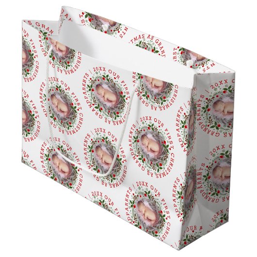 初めてのクリスマス祖父母リース写真 ラージペーパーバッグ (正面アングル)