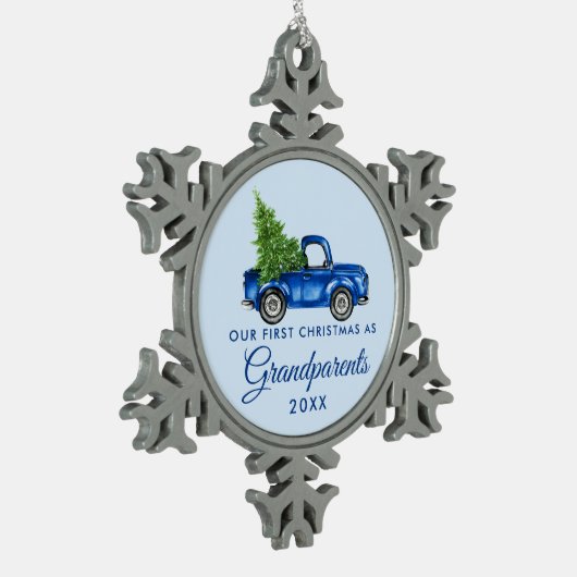 初めてのクリスマス祖父母ヴィンテージブルートラック スノーフレークピューターオーナメント (左)