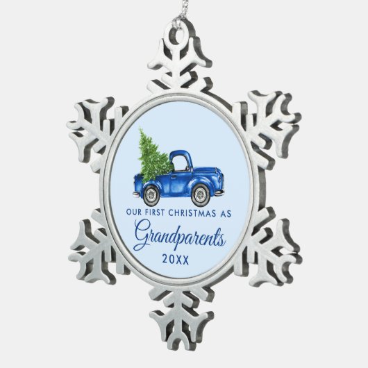 初めてのクリスマス祖父母ヴィンテージブルートラック スノーフレークピューターオーナメント (右)