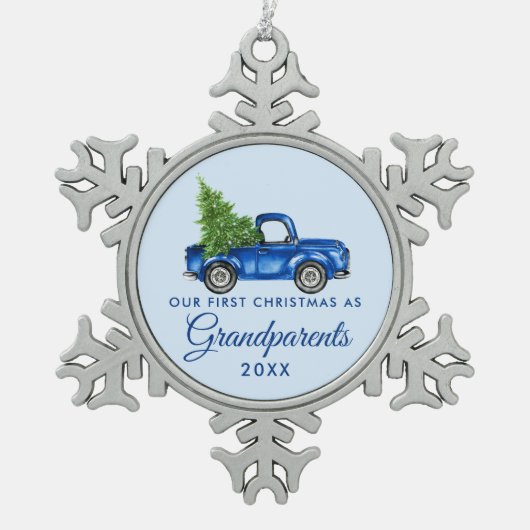 初めてのクリスマス祖父母ヴィンテージブルートラック スノーフレークピューターオーナメント (正面)