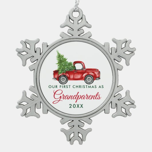 初めてのクリスマス祖父母ヴィンテージレッドトラック スノーフレークピューターオーナメント (正面)