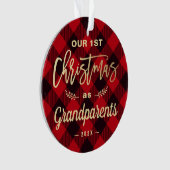 初めてのクリスマス祖父母金ゴールド赤い格子柄の写真 オーナメント (正面)