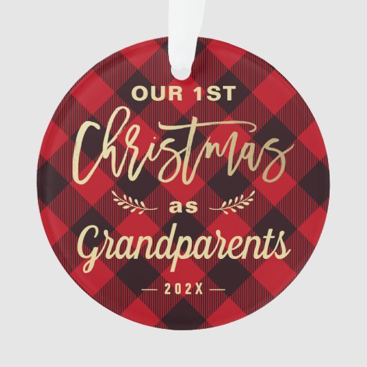 初めてのクリスマス祖父母金ゴールド赤い格子柄の写真 オーナメント (正面)